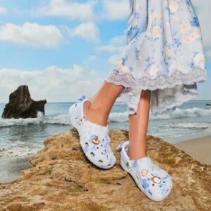 CROCS X LoveShackFancy Light Blue Floral Clogs with Gold Charms